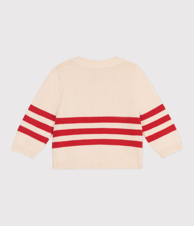 Baby-Pullover aus Baumwolle mit Streifen und Brust-Aufn&auml;her. rot/rot