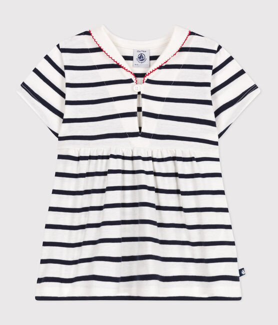 Kurzärmeliges Baby-Kleid aus Baumwolle mit Marinestreifen und Matrosenkragen weiss MARSHMALLOW/blau SMOKING
