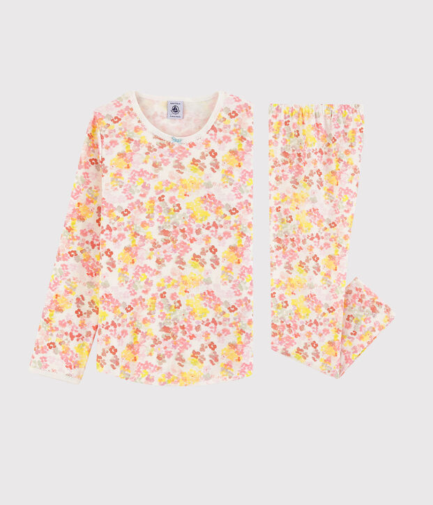Kinderpyjama aus Baumwolle mit Blumenmuster im Aquarell-Stil f&uuml;r M&auml;dchen weiss/vielfarbig