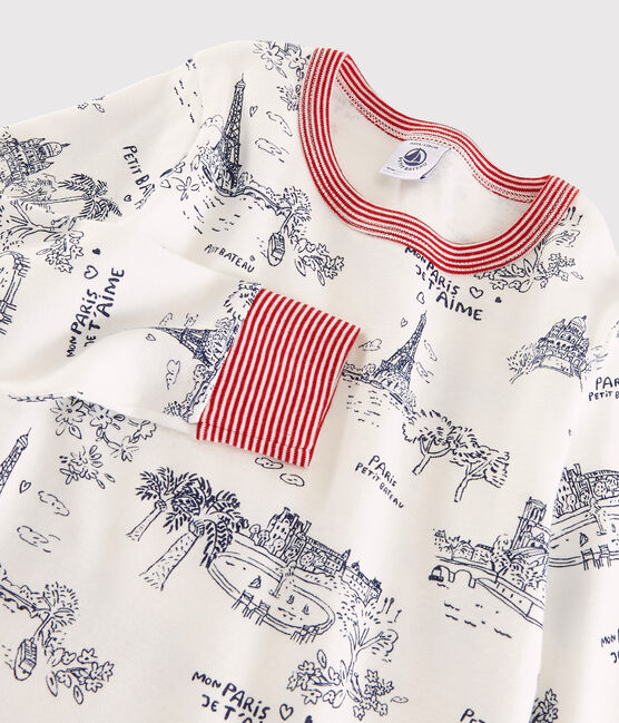 Pyjama aus Baumwolle mit Paris-Motiv im Toile-de-Jouy-Stil für Jungen weiss MARSHMALLOW/blau MEDIEVAL