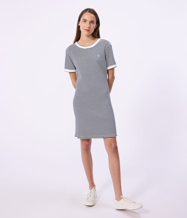 Kurzes Damen-Kleid aus Baumwolle blau/weiss