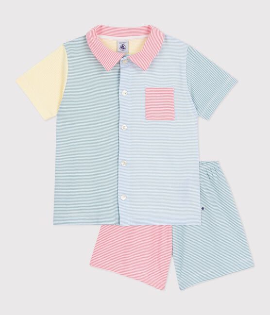Geknöpfter Kinder-Kurzpyjama aus Baumwolle mit Streifen weiss MARSHMALLOW/weiss MULTICO