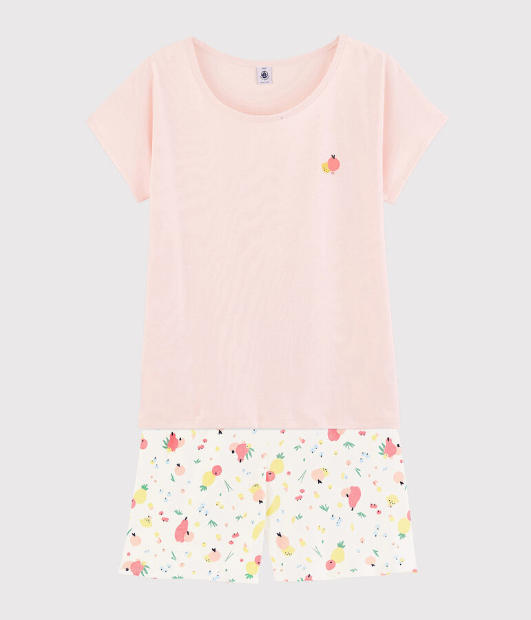 Kurzpyjama aus Bio-Baumwolle mit Obstmotiv f&uuml;r M&auml;dchen/Damen rosa FLEUR/weiss MULTICO