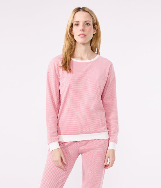 Damen-Pyjama aus Baumwolle mit Streifen rosa ROSEWOOD/ MARSHMALLOW