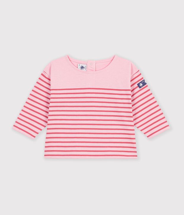 Lang&auml;rmeliges Baby T-Shirt aus Baumwolle mit Streifen. rosa/rosa