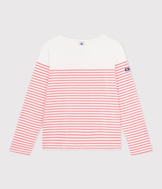Damen-Shirt Marinière aus Baumwolle mit Streifen rosa MARSHMALLOW/ FLAMAND