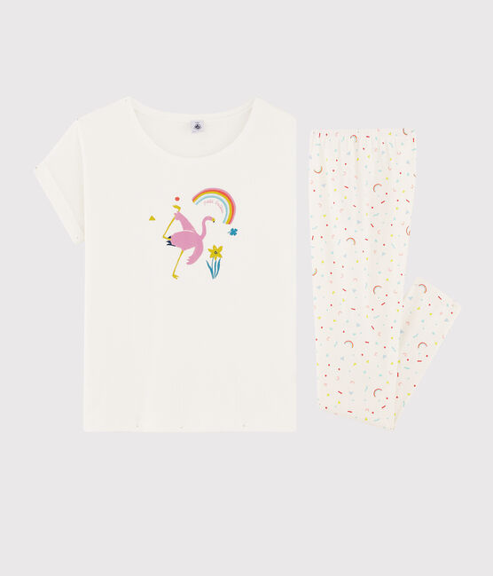 Pyjama aus Rippstrick mit rosarotem Flamingomotiv für Mädchen/Damen weiss MARSHMALLOW/weiss MULTICO