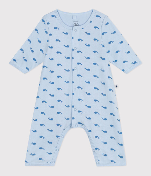 Baby-Bodyjama ohne F&uuml;&szlig;chen aus Baumwolle mit Wal-Motiv blau/blau