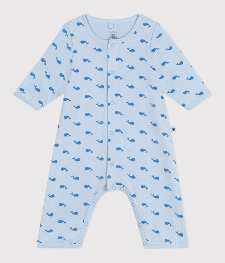 Baby-Bodyjama ohne F&uuml;&szlig;chen aus Baumwolle mit Wal-Motiv blau/blau