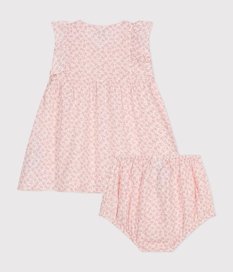 Kurz&auml;rmeliges Babykleid mit Bloomers aus Musselin naturfarben/rosa