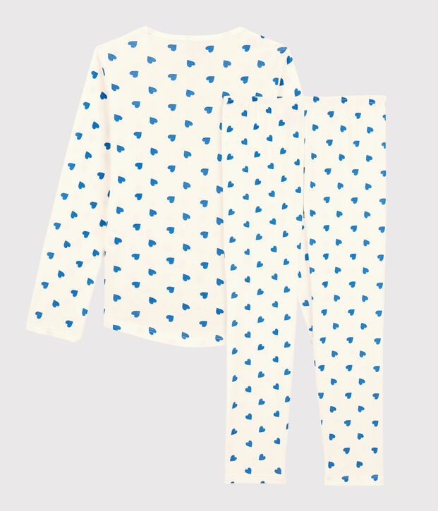 Kinderpyjama aus Baumwolle mit blauen Herzen f&uuml;r M&auml;dchen weiss/blau