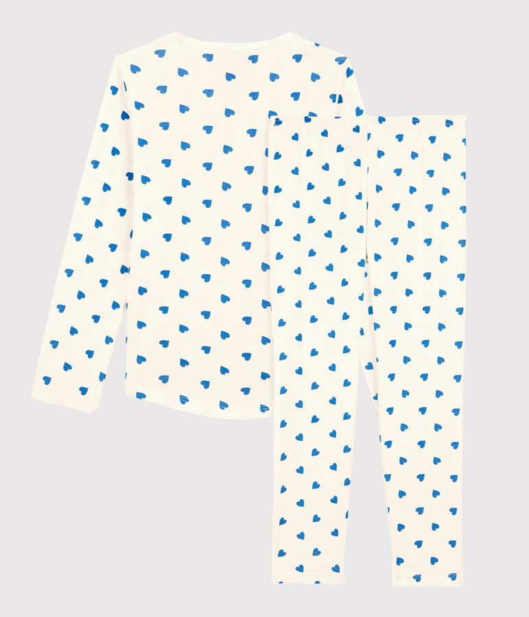 Kinderpyjama aus Baumwolle mit blauen Herzen f&uuml;r M&auml;dchen weiss/blau