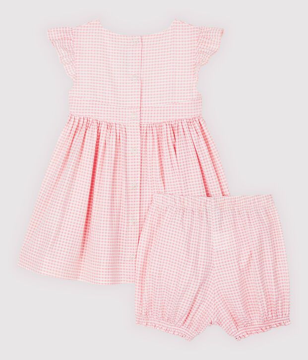 Baby-Kleid und -Bloomers f&uuml;r M&auml;dchen. rosa/weiss