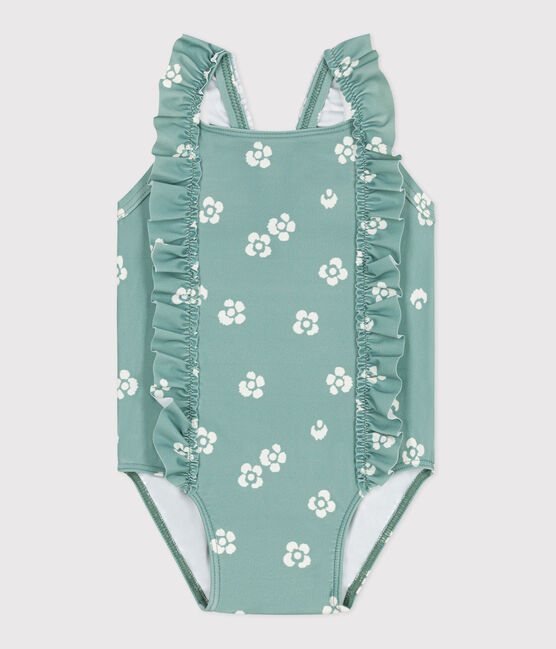 Einteiliger Baby-Badeanzug mit Rüschen und Blumenmuster blau PAUL/weiss MARSHMALLOW