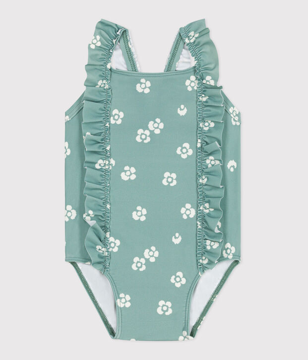 Einteiliger Baby-Badeanzug mit R&uuml;schen und Blumenmuster gr&uuml;n/weiss