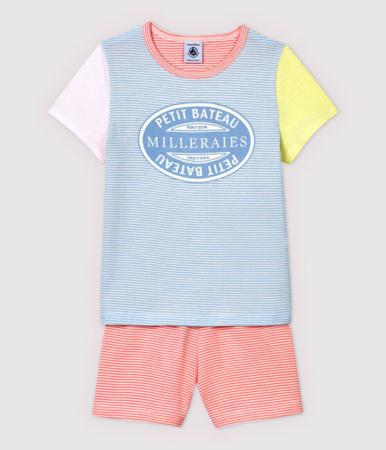 Kinder-Kurzpyjama aus Baumwolle mit bunten Milleraies-Streifen für Mädchen blau JASMIN/weiss MULTICO