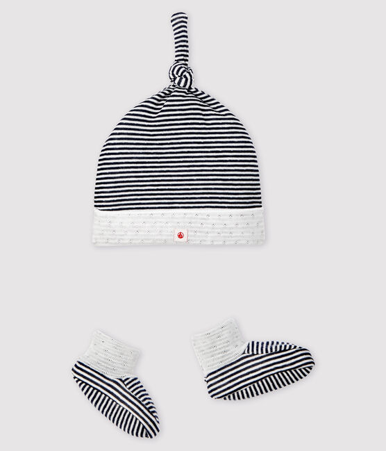 Set bestehend aus Mützchen und gestreiften Babyschuhen für Neugeborene aus Doppeljersey variante 1