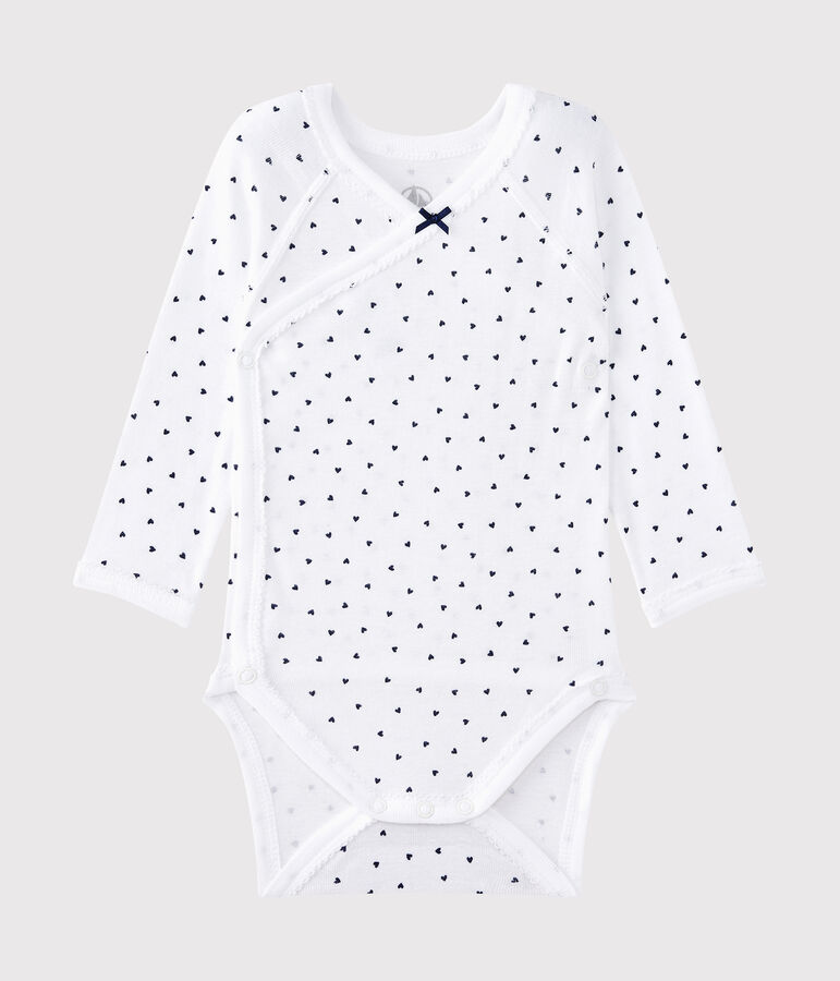 Lang&auml;rmeliger Baby-M&auml;dchen-Wickelbody mit Print weiss/blau