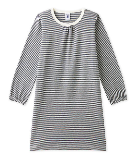Mädchen-Nachthemd mit Milleraies-Ringelmuster blau SMOKING/beige COQUILLE