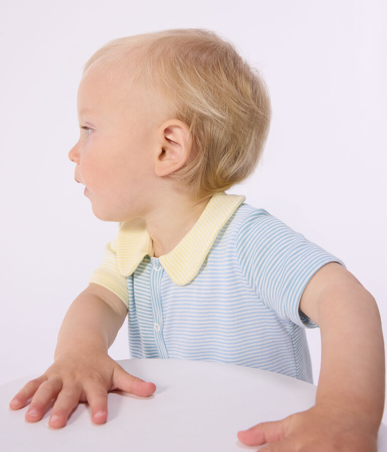 Baby-Kurzoverall mit Kragen aus Baumwolle gr&uuml;n/weiss