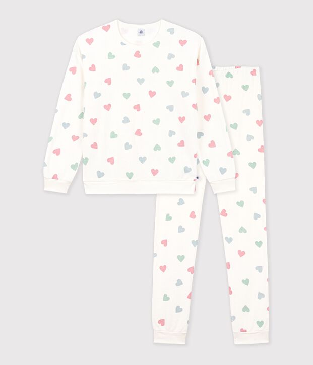 Damen-Pyjama aus Baumwoll-Frottee mit Herzmotiv naturfarben/vielfarbig