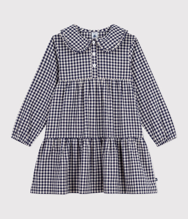 Lang&auml;rmeliges Kinder-Kleid aus Flanell mit Karomuster blau/naturfarben