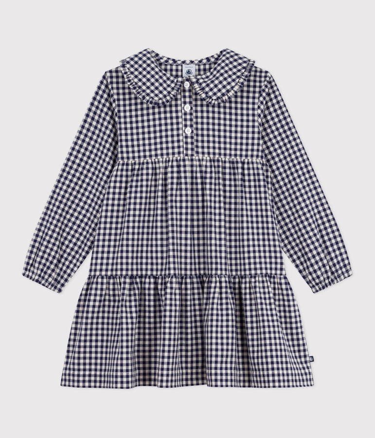 Lang&auml;rmeliges Kinder-Kleid aus Flanell mit Karomuster blau/naturfarben
