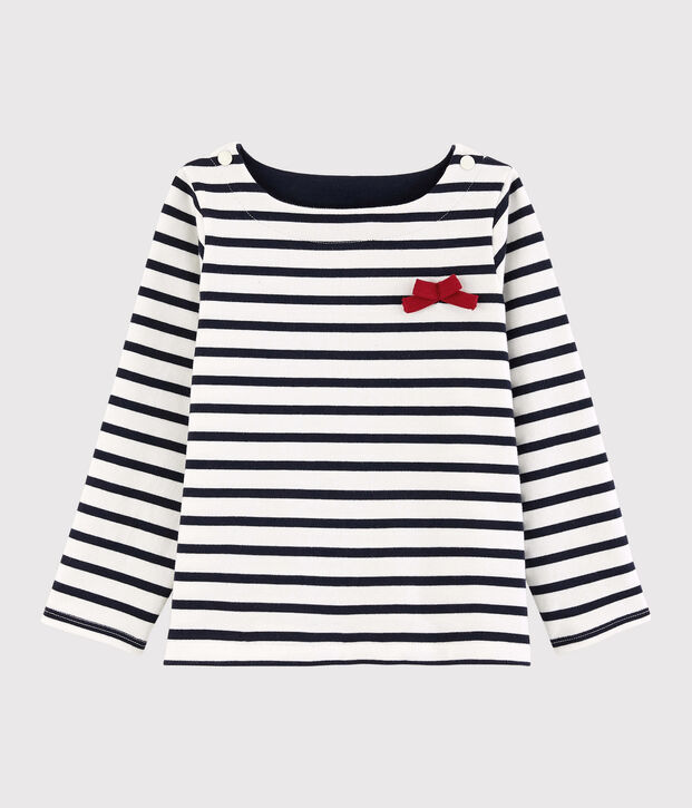 Kindershirt aus Jerseystoff mit Marinestreifen f&uuml;r M&auml;dchen weiss/blau