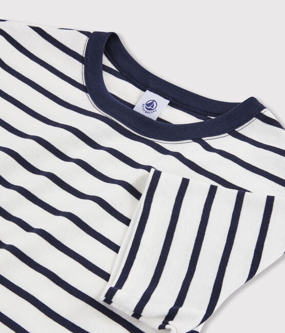 Klassisches Damen-T-Shirt mit Rundhalsausschnitt aus gestreifter Baumwolle weiss MARSHMALLOW/blau SMOKING