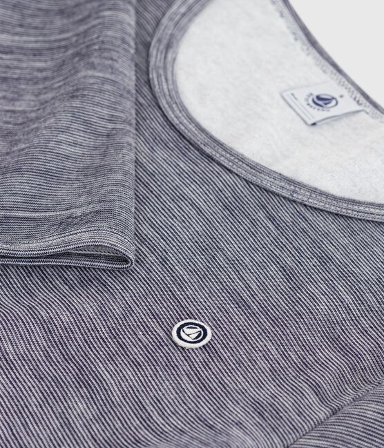 Langärmeliges Damen-T-Shirt aus Wolle und Baumwolle mit Streifen blau SOIR/ MARSHMALLOW