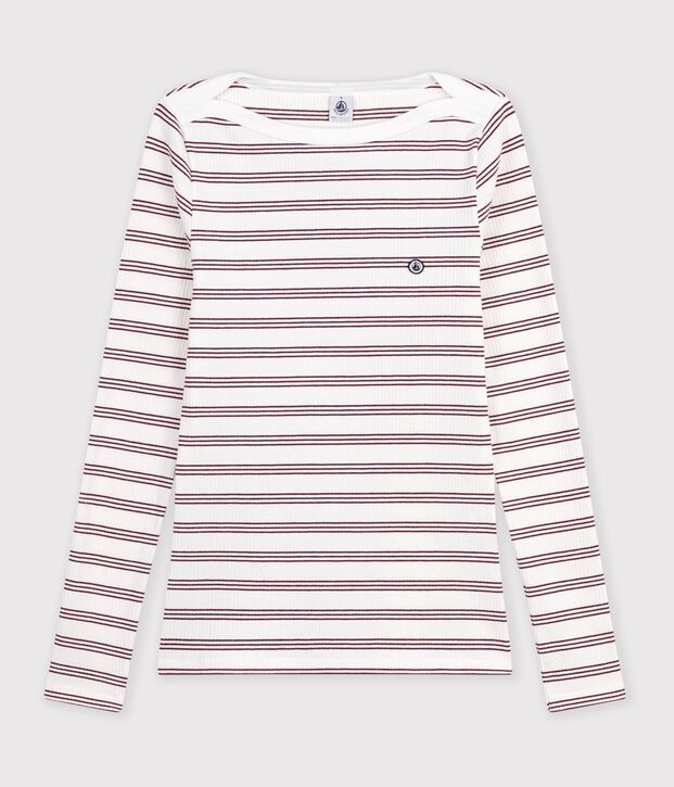 Lang&auml;rmeliges Damen T-Shirt aus Baumwolle mit Offizierskragen und Streifen weiss/rot