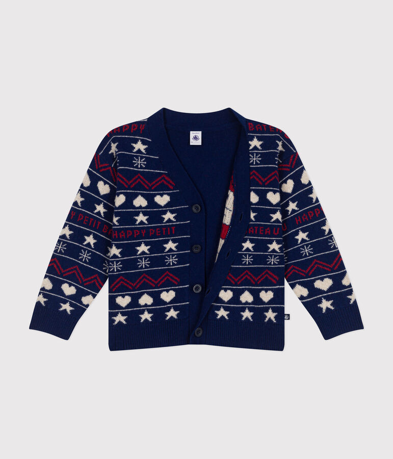 Kinder-Cardigan aus Woll- und Baumwoll-Jacquard f&uuml;r Jungen blau MEDIEVAL/weiss MULTICO