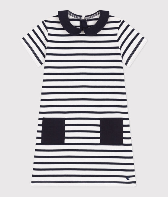 Kurzärmeliges Kinder-Kleid aus Baumwolle  weiss MARSHMALLOW/blau SMOKING