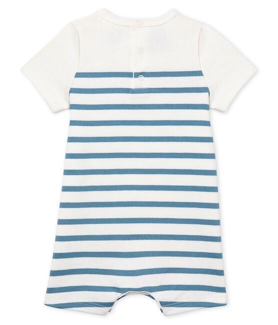 Kurzärmliger Baby-Kurzoverall Jungen weiss MARSHMALLOW/blau FONTAINE