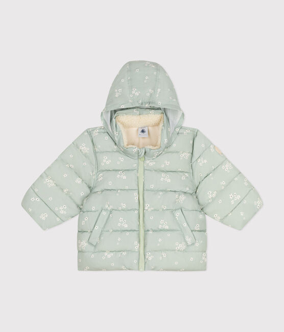 Gemusterte  Baby-Winterjacke mit einrollbarer Kapuze grün HERBIER/weiss MULTICO