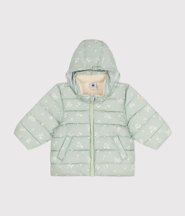 Gemusterte  Baby-Winterjacke mit einrollbarer Kapuze gr&uuml;n/vielfarbig
