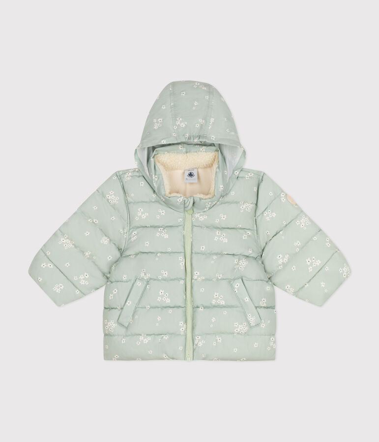 Gemusterte  Baby-Winterjacke mit einrollbarer Kapuze gr&uuml;n/vielfarbig