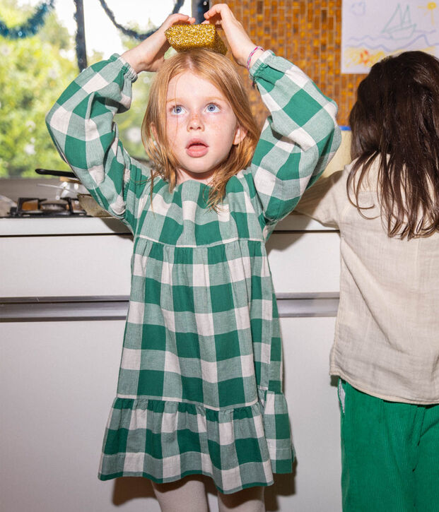 Kariertes Kinderkleid aus Flanell f&uuml;r M&auml;dchen MATCHA/naturfarben