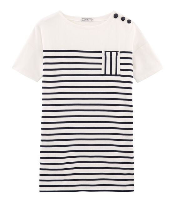 Kurzärmeliges kleid damen weiss MARSHMALLOW/blau SMOKING