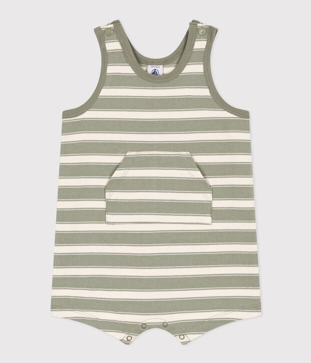 &Auml;rmelloser Baby-Kurzoverall aus dickem gestreiftem Jersey gr&uuml;n/naturfarben