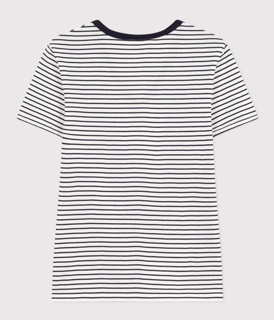 Damen-T-Shirt L'Iconique aus Baumwolle mit V-Ausschnitt, gestreift weiss MARSHMALLOW/blau SMOKING