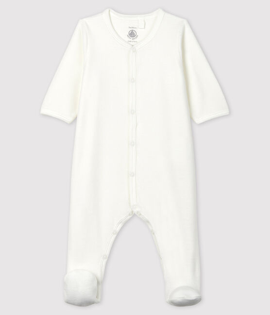 Baby-Strampler in Weiß aus Bio-Baumwoll-Velours mit Petit Bateau im Siebdruck weiss MARSHMALLOW/beige PERLIN