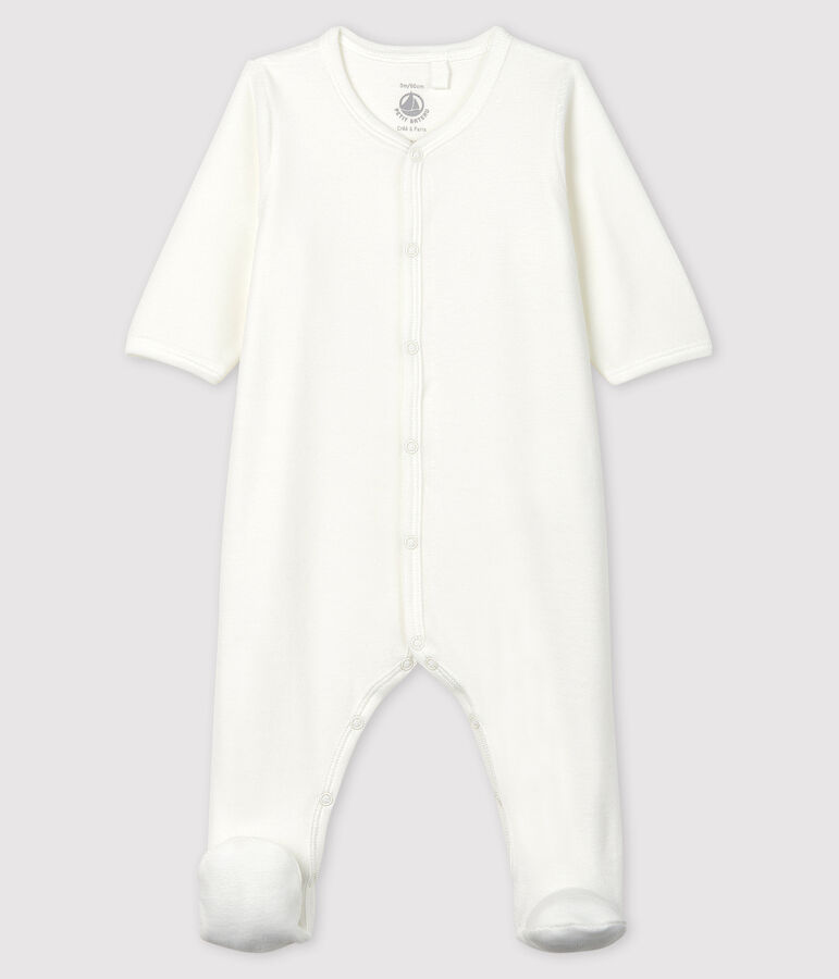 Baby-Strampler in Wei&szlig; aus Bio-Baumwoll-Velours mit Petit Bateau im Siebdruck weiss/grau