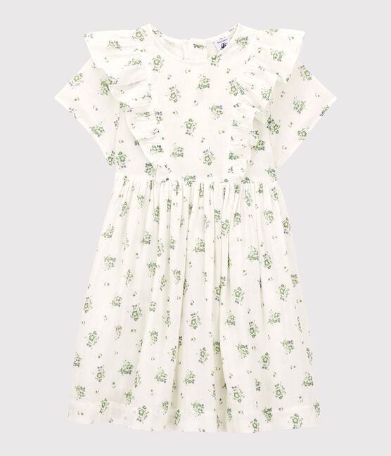 Gemustertes Kleid aus Bio-Baumwollgaze für Mädchen weiss MARSHMALLOW/weiss MULTICO