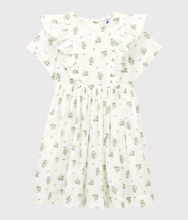 Gemustertes Kleid aus Bio-Baumwollgaze f&uuml;r M&auml;dchen weiss/vielfarbig