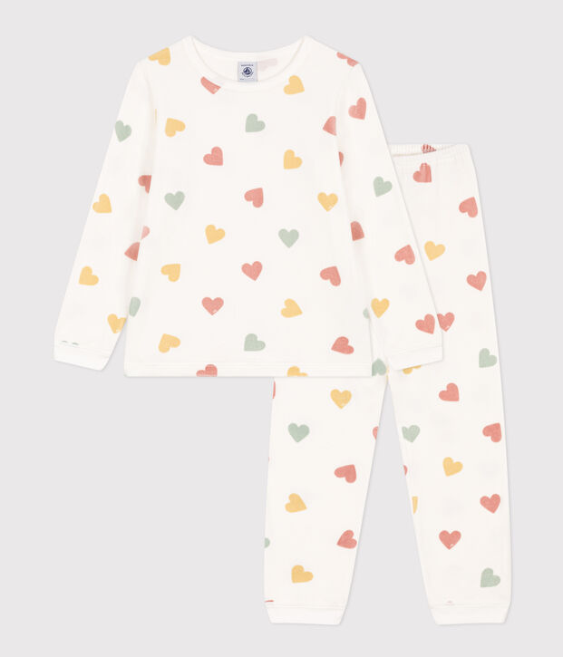Kinderpyjama aus Nicki mit Herzmotiv f&uuml;r M&auml;dchen weiss/vielfarbig