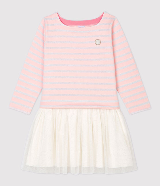 Langärmeliges Kinderkleid aus Baumwolle und Tüll für Mädchen rosa MINOIS/ MARSHMALLOW ARGENT BRILLANT