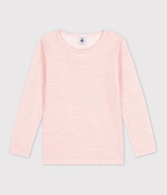 Langärmeliges T-Shirt aus Wolle und Baumwolle mit Ringelstreifen für Mädchen rosa CHARME/weiss MARSHMALLOW