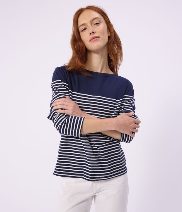 Damen-Shirt Marini&egrave;re aus Baumwolle mit Streifen blau/weiss