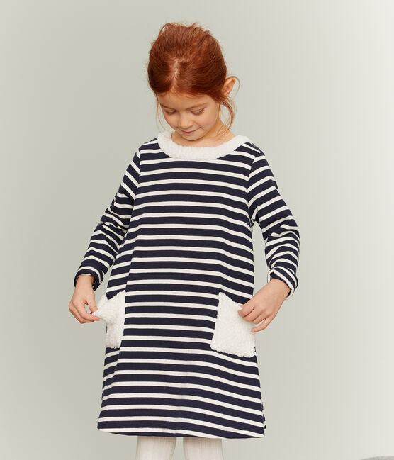 Langärmeliges Kinderkleid für Mädchen blau SMOKING/beige COQUILLE